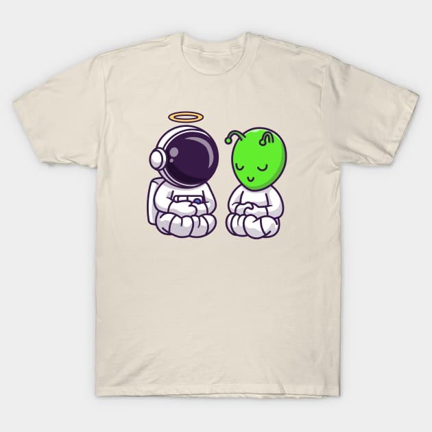 Cute Astronaut Angel Meditation Yoga With Alien Cartoon T-Shirt by Catalyst Labs